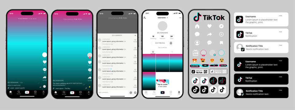 Tiktok. Tiktok mobile App interface template on Apple Iphone mockup. Mockup page template.	