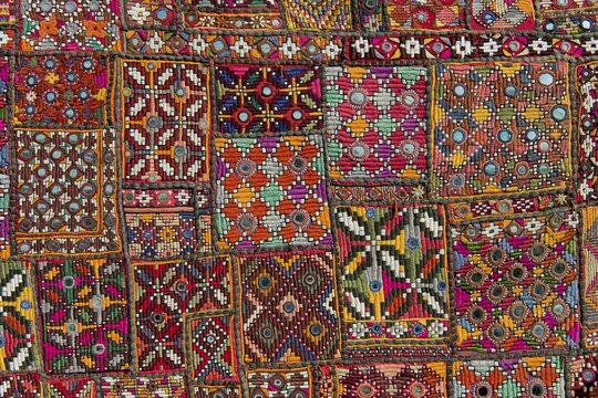 Traditional wall hanging from Rajasthan, colourful, inlaid with mirrors and different patterns, detail, Udaipur, Rajasthan, India