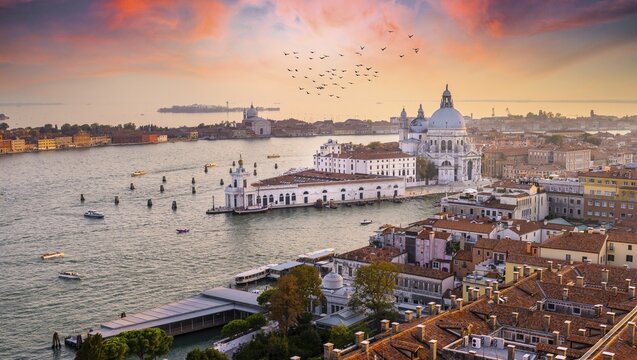 Evening atmosphere, dramatic sunset at the Grand Canal, Basilica Santa Maria della Salute, Venice, Veneto region, Italy