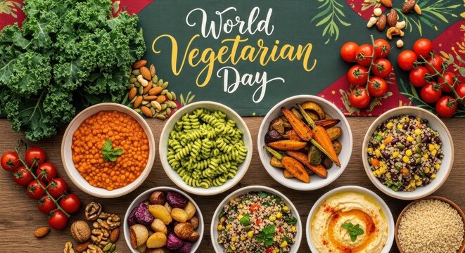 A colorful spread of various vegetables and grains on a wooden table with a festive background.
