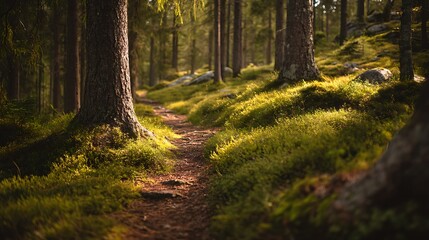 Fototapeta premium Serene Forest Pathway Surrounded by Lush Greenery and Sunlit Trees in a Peaceful Natural Setting