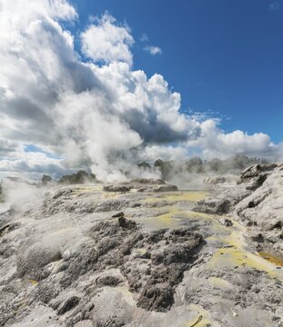Steaming Pohutu Geyser and Prince of Wales Feathers Geyser, Te Puia, Whakarewarewa, Rotorua, New Zealand