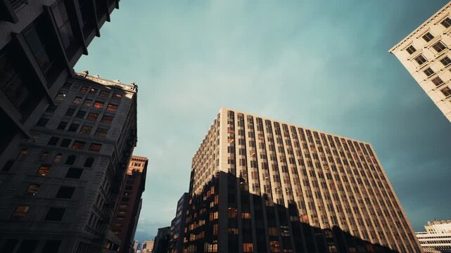 dramatic urban canyon with long shadows. Streetlevel shots emphasize towering facades and deep contrast. Scene imagines security guard patrolling glass atrium,