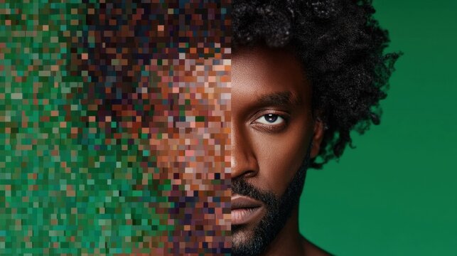 A conceptual split screen showing a man's face transitioning from a blurry low resolution pixelated mosaic to a high definition clear professional portrait.