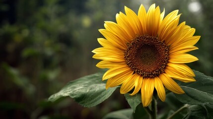 Fototapeta premium A single bright sunflower head showing intricate details of petals and seeds against a blurred garden background.