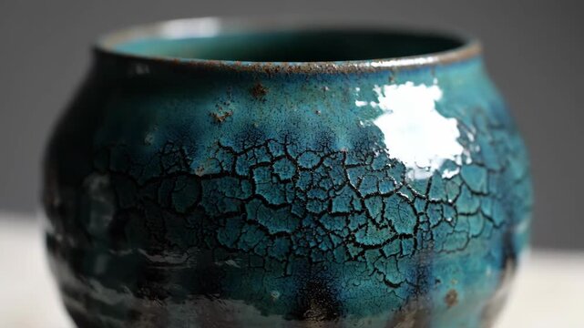 Close up of glazed ceramic pot with crackled surface texture.