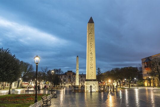 Egyptian obelisk and brick obelisk on Hippodrome of Constantinople or Sultan Ahmet Square European side, Istanbul, Turkey