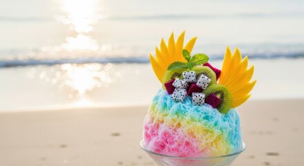 Naklejka premium A colorful shaved ice dessert with tropical fruits on a beach.