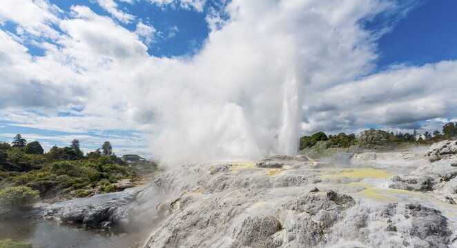 Water fountain and vapor, Pohutu Geyser and Prince of Wales Feathers Geyser, Te Puia, Whakarewarewa, Rotorua, New Zealand