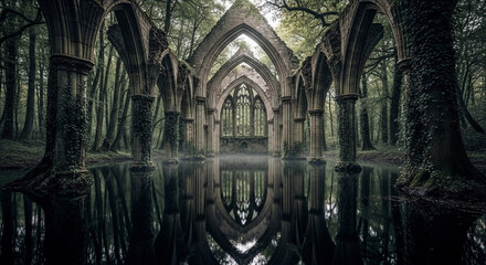 Fototapeta premium Mysterious ancient stone arches rise from dark, still water, reflecting their haunting beauty amidst an ethereal, overgrown forest, evoking a sense of forgotten history and enchantment