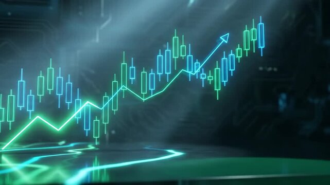 Glowing digital candlestick chart with upward trend line on dark background