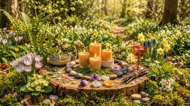 Natural pagan altar on a tree stump in a spring forest. Wiccan ritual setup with lit candles, crystals, stones, and blooming flowers. Spiritual witchcraft ceremony outdoors