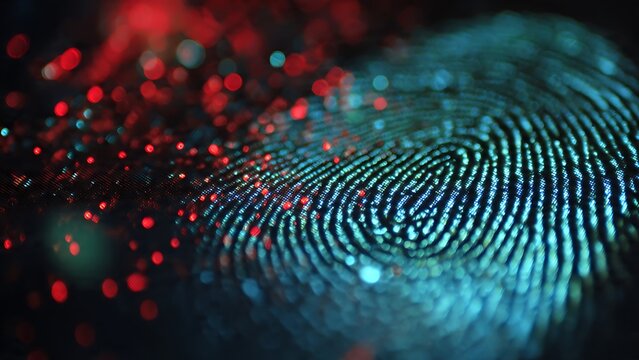 Abstract digital fingerprint identification and data security concept with glowing particles