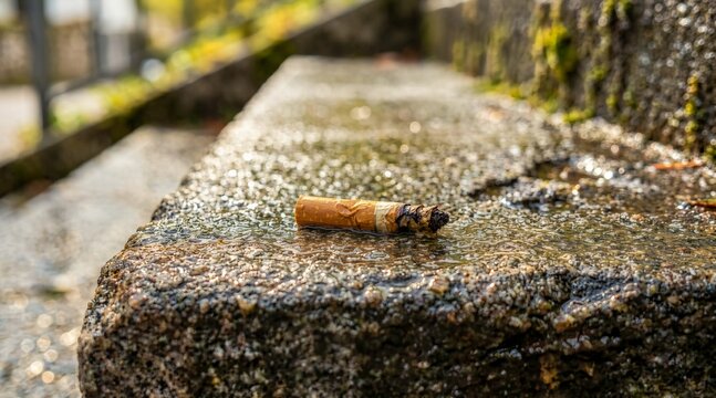 Discarded cigarette butt lying on a wet stone step. Burnt tobacco filter littering a public outdoor space. Environmental pollution and unhealthy smoking habit concept