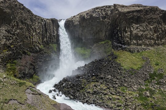 Basalt walls with waterfall Salto de Arco Iris, Maule Valley, San Clemente, Maule, Chile