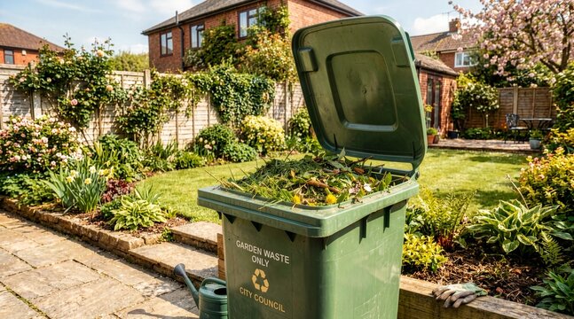 Green garden waste bin filled with organic clippings in a backyard. Recycling container for compostable yard waste. Residential garden maintenance