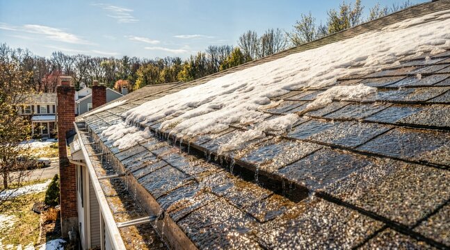 Snow melting on a residential shingle roof. Water dripping into gutter during spring thaw. Suburban house exterior in winter transition