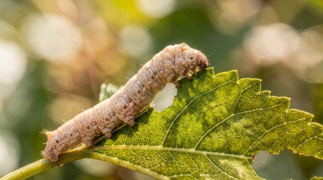 Silkworm caterpillar eating a green mulberry leaf. Macro shot of larva feeding in nature. Close up of silkworm in sericulture process