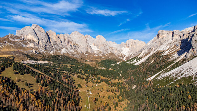 Autumn aerial panorama of the Odle and Puez Group from Col Raiser, Dolomites