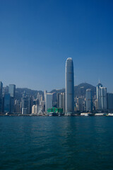 Fototapeta premium Panoramic Hong Kong island skyline with IFC tower and skyscrapers at the morning haze