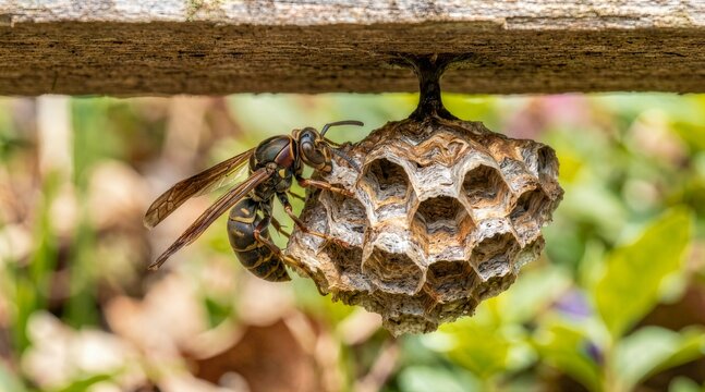 Wasp building a paper nest on a wooden beam. Close up of an insect constructing hexagonal cells. Nature and wildlife macro photography
