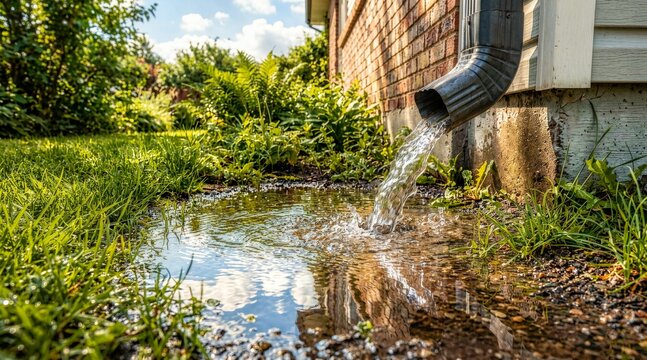 Water flowing from a gutter downspout into a puddle. Residential drainage system and home maintenance. Rainwater runoff next to a brick house