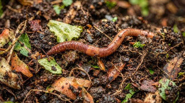 Macro shot of an earthworm in moist organic compost. Detailed view of red wiggler on dark soil with decaying vegetable matter. Sustainable gardening and nutrient cycling concept