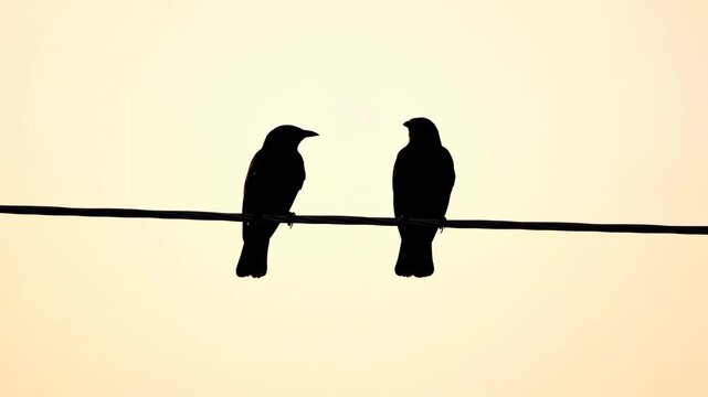 Bird taking flight against a light sky while perched on a wire.