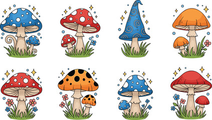 Whimsical Mushroom Collection with Polka Dots, Spirals, and Vibrant Colors for Fantasy, Fairytale, and Nature Illustrations © MeheDi