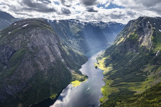 View from the top of Breiskrednosi, mountains and fjord, N&aelig;r&oslash;yfjord, Aurland, Norway