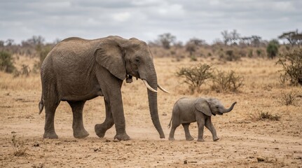 Fototapeta premium Majestic african elephant mother and her calf walking together through the dry and dusty savanna landscape in africa with baby elephant