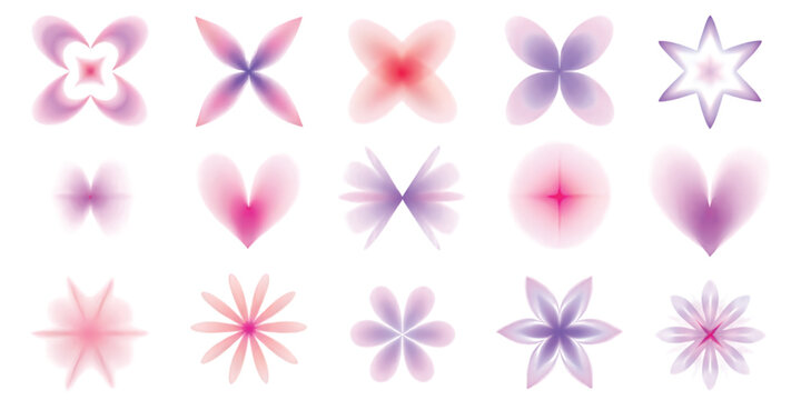 A collection of assorted floral and star shaped graphic design elements in soft purple and pink