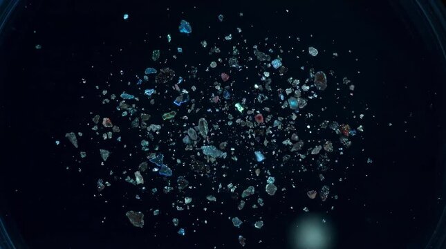 Microplastic particles in water on a dark background for environmental concern