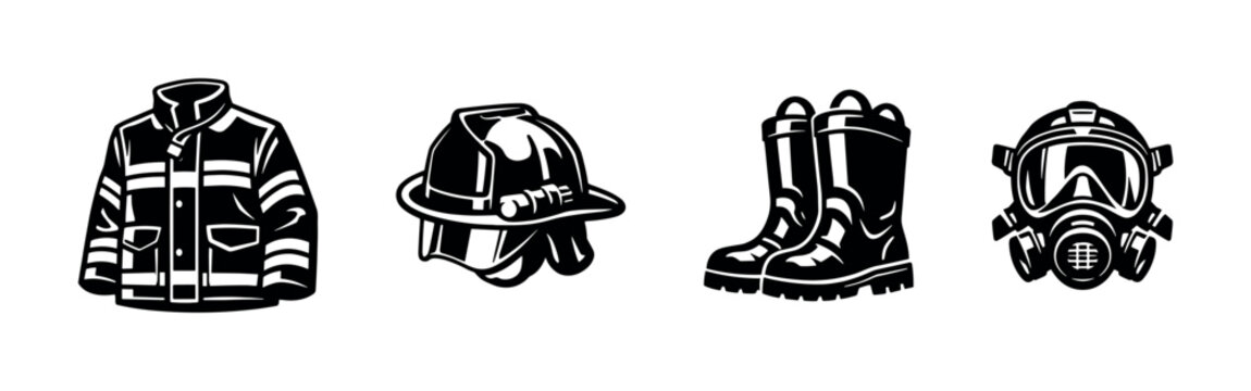 Firefighter equipment vector illustration featuring jacket, helmet, boots, and mask in black and white silhouette