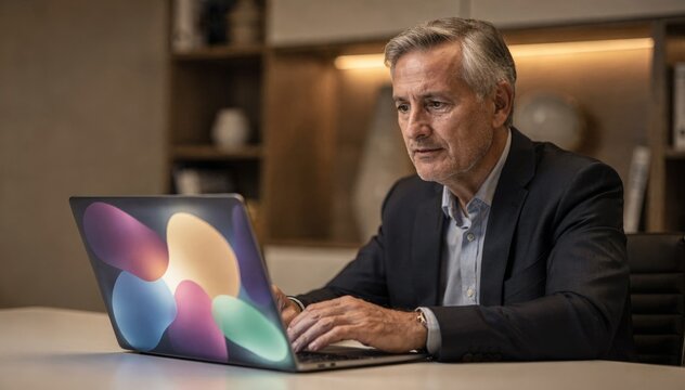 Portraitstyle midshot of an investor reviewing a dynamic portfolio allocation on a laptop screen illustrating cautious latestage wealth protection focus.