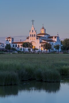 El Rocio village, El Roc&iacute;o hermitage, evening light, El Roc&iacute;o, Almonte, Marismas de Do&ntilde;ana, Do&ntilde;ana National Park, Huelva province, Andalusia, Spain