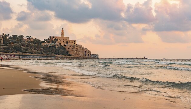 View over the beach, evening mood at the sea, Alma Beach, behind Tel-Aviv-Jaffa, Old Town, Tel Aviv, Israel