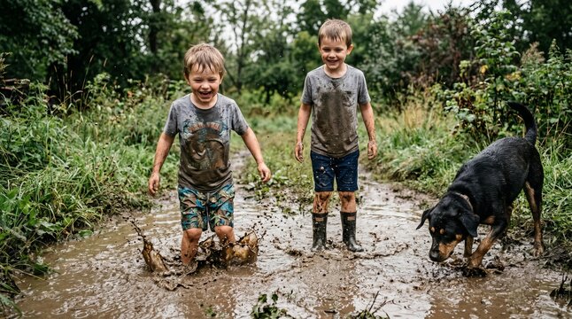 Two young boys and a dog playing joyfully in a muddy puddle, splashing water and covered in mud, with lush green foliage in the background, rainy day