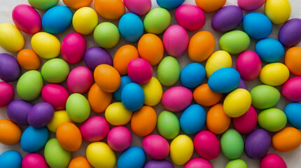Fototapeta premium Bright matte Easter eggs in a variety of colors, including pink, yellow, blue, orange, green, and purple, create a fun spring holiday pattern
