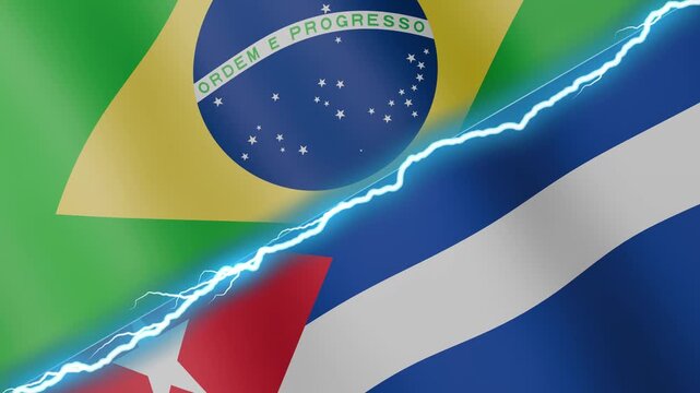 Two waving flags Brazil and Cuba with diagonal lightning seamless, 4k loop