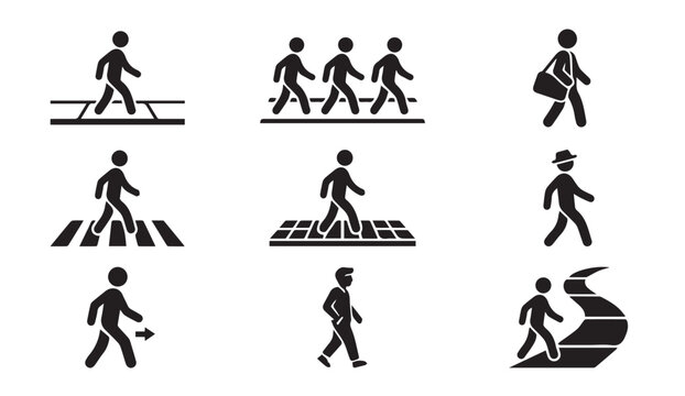 Common pedestrian crossing and walking scenarios illustrated with icons