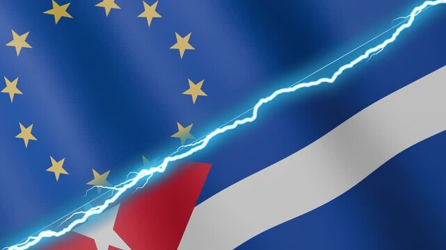 Two waving flags European Union and Cuba with diagonal lightning seamless, 4k loop
