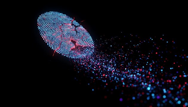 Abstract shattered fingerprint icon disintegrating into digital particles on a dark background, representing data security and identity theft