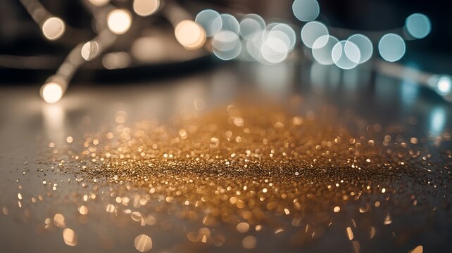 Golden glitter on reflective surface with bokeh lights
