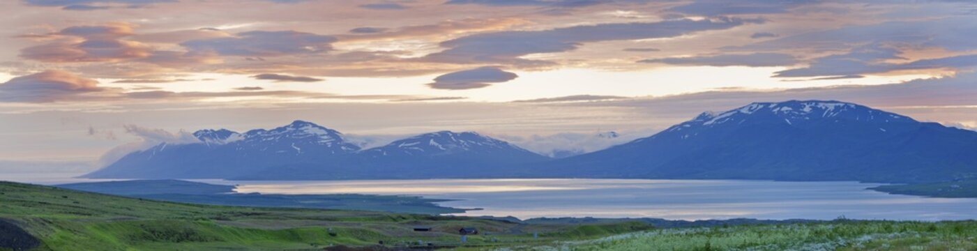 View of Eyjafjoer&eth;ur fjord, Sulur, Akureyri, Iceland, Europe
