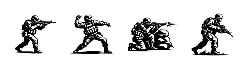 Fototapeta premium Military soldiers in action silhouettes, black and white vector illustrations of armed forces