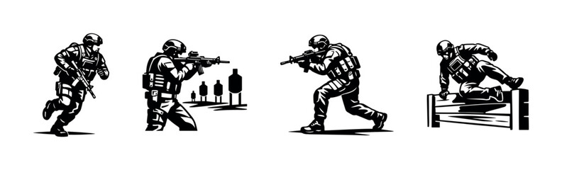 Fototapeta premium Silhouette of tactical soldiers in action poses, military training vector illustration