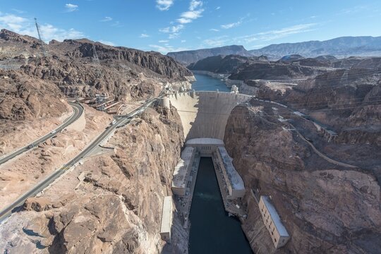View of Hoover Dam from Mike O'Callaghan-Pat Tillman Memorial Bridge, Lake Mead Recreation Area, Arizona, Nevada, USA
