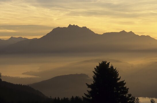 Sunset, Zugerberg, view to Pilatus and Lake Lucerne, Zug, Switzerland