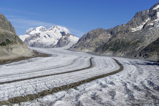 Great Aletschgletscher glacier, in the back Mt. Eiger, Mt. Moench and Mt. Jungfrau, Valais, Goms, Switzerland, Europe